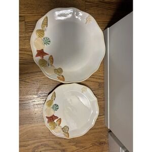 Sandy Shore Ceramic Serving Platter and Salad Plate Set Seashell Starfish Design